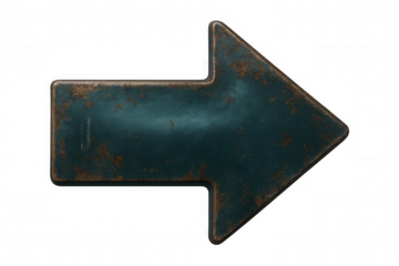 Rusty and corroded metallic arrow pointing right, isolated on transparent background, perfect for indicating direction