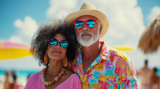 Vibrant senior couple enjoying sunny tropical beach vacation, wearing colorful outfits and reflective sunglasses under clear blue sky - Powered by Adobe