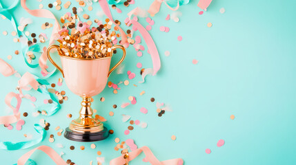 Elegant pink trophy overflowing with shimmering gold confetti and pastel ribbons scattered on light blue background, symbolizing victory, success, and festive celebration from overhead view