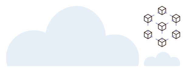 Large cloud shape with interconnected cubes symbolizing data nodes and connections. Ideal for cloud storage, network security, technology infrastructure, decentralization, data sharing, blockchain