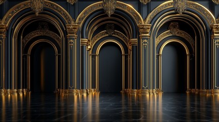 Obraz premium Elegant black palace hall with golden details and marble flooring
