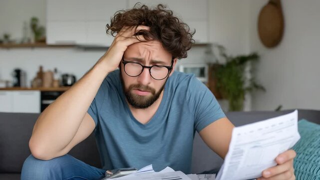 Stressed Man Checking Bills At Home