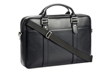Classic black leather briefcase isolated on transparent background