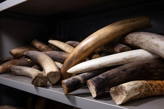 Collection of seized ivory tusks stored in a secure facility Generative AI
