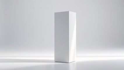 Minimalist tall white rectangular box standing centered on a reflective surface