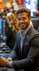 Fototapeta premium Confident young professional man in stylish blazer and patterned shirt smiling warmly at indoor corporate event setting