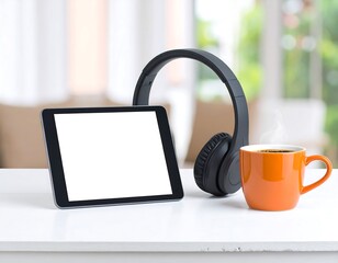 Digital Relaxation: Tablet, Headphones, and Coffee for a Modern Comfortable Break