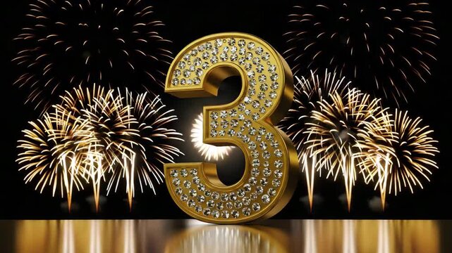 Shiny golden 3 anniversary number with sparkling fireworks in background, festive celebration design for jubilee and birthday