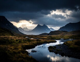 Mountainous landscape with a winding stream reflecting the dramatic sky