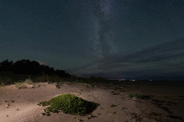 The stunning Milky Way galaxy shines brightly in the clear night sky above a sandy beach on the wild Estonian coast.
