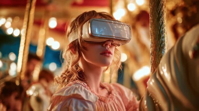 Focused woman with VR goggles glowing sitting on a carousel horse eyes filled with wonder while softly blurred couple around her relive their initial date spots through vivid