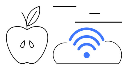 Apple outline paired with a cloud emitting a wireless signal. Ideal for technology, health, connectivity, digital integration, innovation, sustainability, and a simple landing page