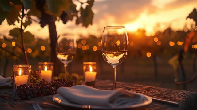 Imagine a romantic dinner set in a picturesque vineyard at sunset, complete with arranged wine glasses flickering candles, and atmosphere that enhances the entire experience, making it unforgettable