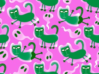 Halloween animals seamless cats ghost pattern for wrapping paper and fabrics and linens and kids clothes print