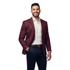 Smiling man in burgundy blazer and navy pants confidently posed professionally transparent background