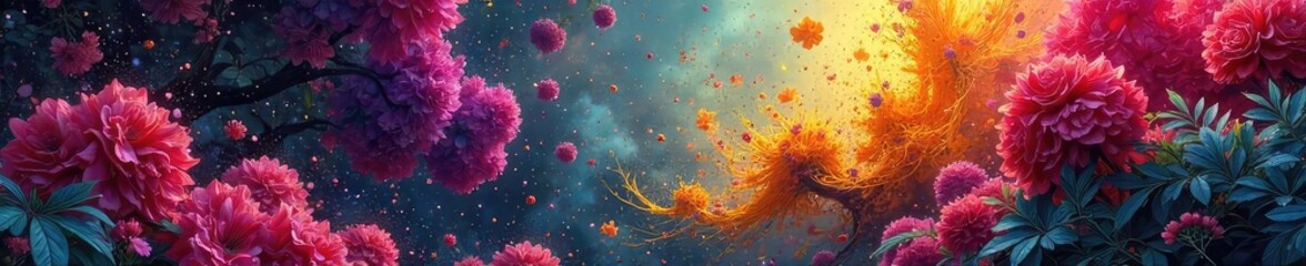 A chaotic yet stunning display of vibrant colors and textures, a collision of the beautiful and the deranged Intricate details amidst wild abandon , freedom, madness