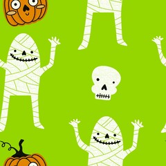 Autumn harvest vegetable seamless monster Halloween pumpkins pattern for wrapping paper and fabrics
