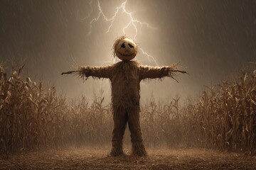 A spooky scarecrow in tattered clothes standing in a corn field with lightning in the background.