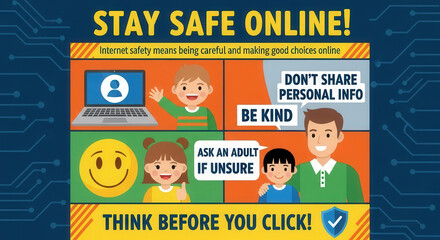 Flat vector illustration of children learning about internet safety with rules on sharing, kindness, and asking adults. Concept of online safety, digital responsibility and cyber awareness

