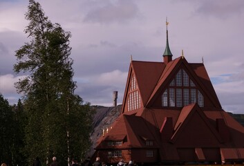 Kiruna, Sweden &ndash; August 19, 2023: The historic wooden Kiruna Church is being relocated to a new site as part of the urban transformation project. The church, originally built in 1912	
