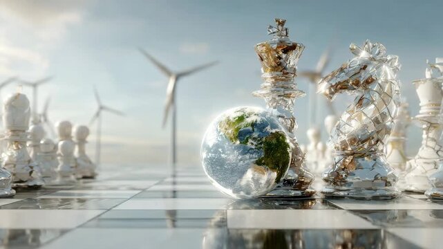 Footage about climate problems and ecology. The chessboard symbolizes strategy, the Earth is our common home that needs protection.