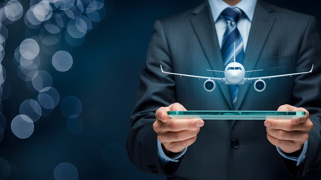 Man in suit holds tablet displaying airplane, representing travel and business success - Powered by Adobe