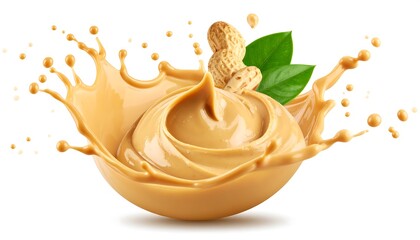Creamy Peanut Butter Splash with Peanuts and Green Leaves.