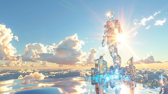 Robotic figure made crystal metal shards standing alone futuristic cityscape