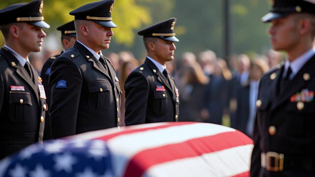 Military personnel standing in formation during funeral service  