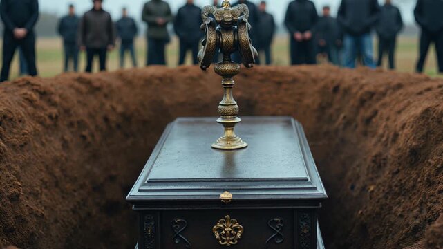 Funeral scene with coffin and mourners gathered at burial site  