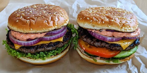 Juicy Double Cheeseburgers with Red Onion, Lettuce, and Creamy Sauce