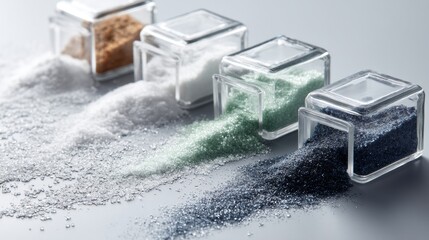 Glass containers with colorful powders scattered white surface chemical lab concept