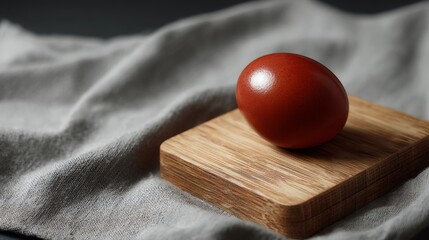 Brown egg on wooden block fabric background natural organic protein food concept