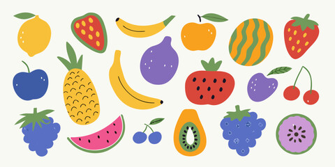 Assortment of Colorful Hand Drawn Fruits and Berries on White Background berry lemon