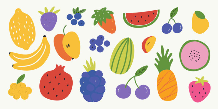 A vibrant collection of hand drawn fruits including strawberries bananas blueberries watermelon pineapple and more