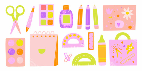 Cute Hand Drawn School Supplies and Stationery Items back to school education