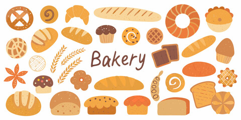 Diverse Bakery Products and Ingredients Displayed with Bakery Title bread croissant