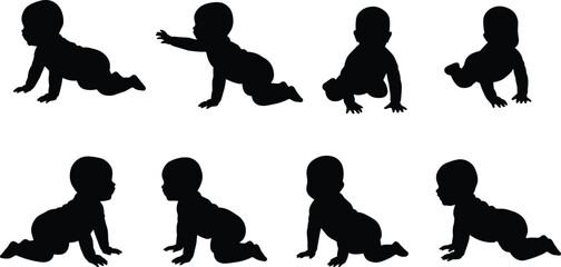Crawling baby silhouette, infant movement poses, toddler development, baby vector set, child growth stages, black illustration, crawling positions, baby clipart