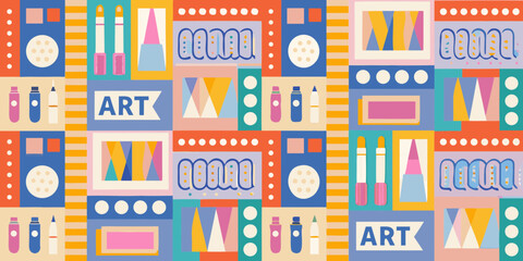 Playful Art Supplies and Geometric Patterns in Retro Style collage