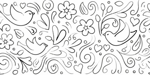 Seamless Border Pattern of Hand Drawn Birds Flowers and Swirls in Gray Tones vector