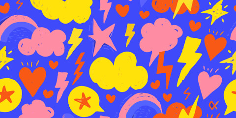 Vibrant hand drawn doodle pattern with clouds hearts stars and lightning bolts on blue background