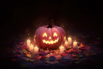 A festive flat art illustration of a carved pumpkin surrounded by candles and autumn leaves, creating a cozy and inviting atmosphere.