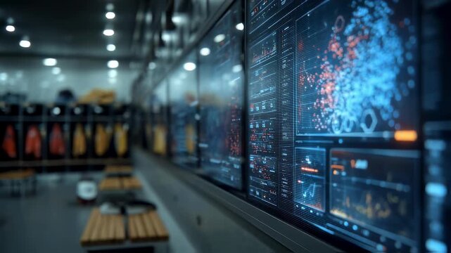 Focused medium shot capturing a futuristic AI tactical panel displaying dynamic heatmaps on a locker room wall with blurred sports gear and benches creating depth behind. - Powered by Adobe
