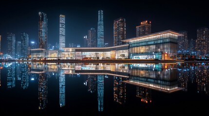 Fototapeta premium Illuminated buildings reflect over calm water at night in a city skyline, showing architecture