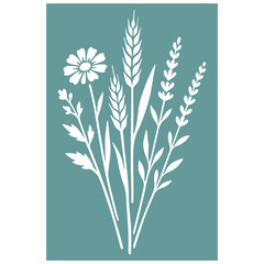 Minimalist floral vector silhouette with wildflowers, wheat ears, and meadow plants. Stencil design perfect for laser cutting, Cricut projects, vinyl decals, wall art, greeting cards, fabric printing.