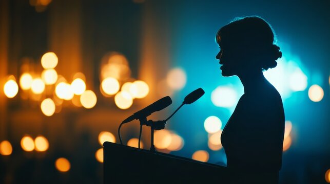 In an elegant setting, a confident female speaker captivates her audience with a powerful speech, embodying empowerment and dynamic communication, creating a memorable experience for everyone present