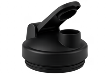 Black plastic sport bottle cap lid open on transparent background