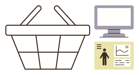 Shopping basket, desktop monitor, and data dashboard with human profile and charts. Ideal for e-commerce, analytics, technology, retail, user experience, business strategy simple flat metaphor
