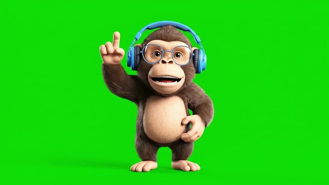 Animated monkey dancing with headphones on green screen