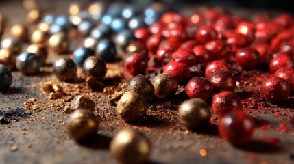 Golden and red beads metallic background luxury decoration festive concept